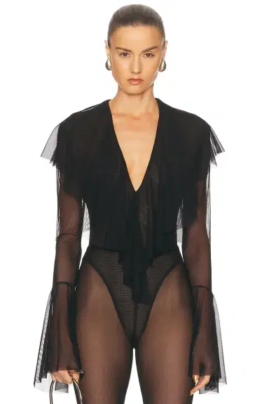 Norma Kamali Long Sleeve Deep V Ruffle Bodysuit | Thumbnail 1 Norma Kamali Long Sleeve Deep V Ruffle Bodysuit | Thumbnail 1