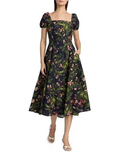PAIGE Women's Lindi Silk-Linen Midi-Dress - Dark Navy Multi | Thumbnail 3 PAIGE Women's Lindi Silk-Linen Midi-Dress - Dark Navy Multi | Thumbnail 3