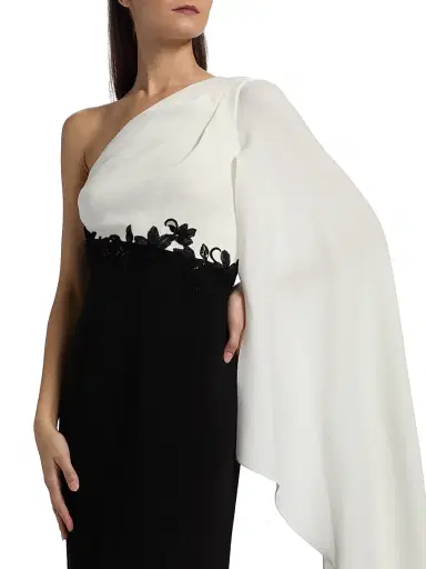 Teri Jon by Rickie Freeman Women's One-Shoulder Cape-Sleeve Gown - Black White | Thumbnail 6 Teri Jon by Rickie Freeman Women's One-Shoulder Cape-Sleeve Gown - Black White | Thumbnail 6