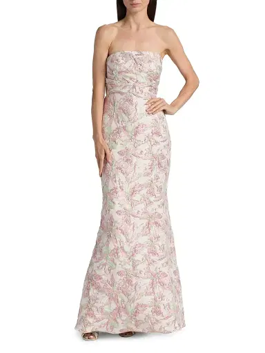 Badgley Mischka Women's Floral Jacquard Gown - Pink Multi | Thumbnail 3 Badgley Mischka Women's Floral Jacquard Gown - Pink Multi | Thumbnail 3