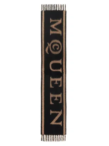 McQueen Women's Logo Alpaca-Blend Fringed Scarf - Black Camel | Thumbnail 2 McQueen Women's Logo Alpaca-Blend Fringed Scarf - Black Camel | Thumbnail 2
