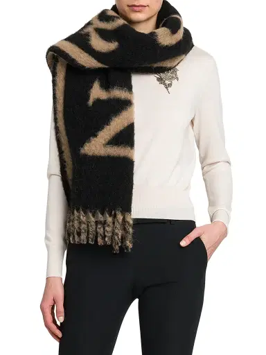McQueen Women's Logo Alpaca-Blend Fringed Scarf - Black Camel | Thumbnail 1 McQueen Women's Logo Alpaca-Blend Fringed Scarf - Black Camel | Thumbnail 1