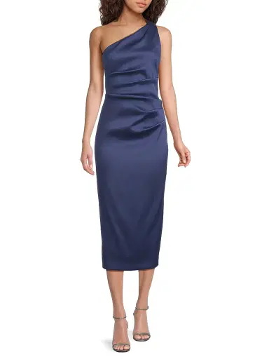 Aidan Mattox Women's Satin Gathered One-Shoulder Sheath Cocktail Dress - Navy | Thumbnail 2 Aidan Mattox Women's Satin Gathered One-Shoulder Sheath Cocktail Dress - Navy | Thumbnail 2