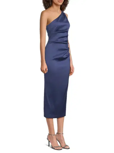 Aidan Mattox Women's Satin Gathered One-Shoulder Sheath Cocktail Dress - Navy | Thumbnail 4 Aidan Mattox Women's Satin Gathered One-Shoulder Sheath Cocktail Dress - Navy | Thumbnail 4