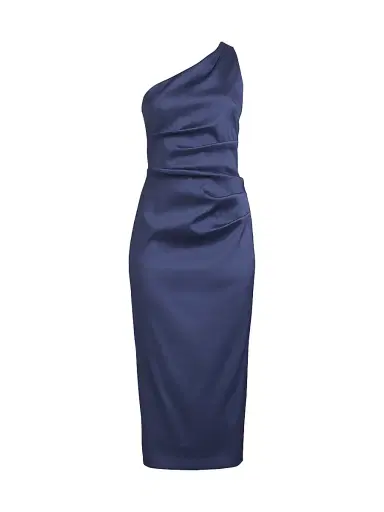 Aidan Mattox Women's Satin Gathered One-Shoulder Sheath Cocktail Dress - Navy | Thumbnail 1 Aidan Mattox Women's Satin Gathered One-Shoulder Sheath Cocktail Dress - Navy | Thumbnail 1