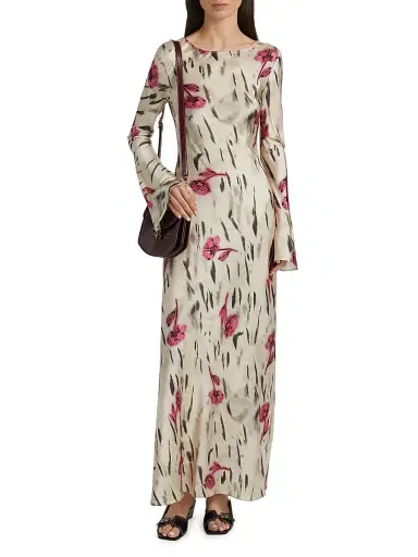 Ganni Women's Floral Satin Maxi Dress - Egret | Thumbnail 3 Ganni Women's Floral Satin Maxi Dress - Egret | Thumbnail 3