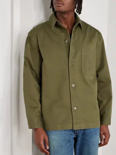 Saint Laurent Logo-Embroidered Cotton and Linen-Blend Gabardine Overshirt - Men | Thumbnail 3 Saint Laurent Logo-Embroidered Cotton and Linen-Blend Gabardine Overshirt - Men | Thumbnail 3