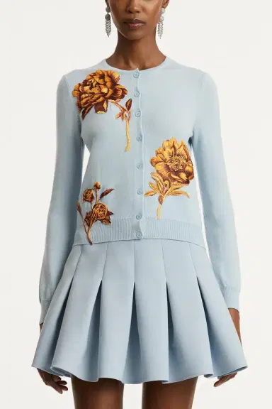 Oscar de la Renta Tonal Peony Embroidered Cardigan | Thumbnail 3 Oscar de la Renta Tonal Peony Embroidered Cardigan | Thumbnail 3