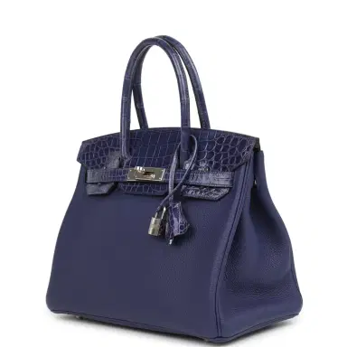 HERMÈS Pre-owned Hermes Birkin 30 Bleu Encre Touch Togo and Shiny Niloticus Crocodile Palladium Hardware | Thumbnail 3 HERMÈS Pre-owned Hermes Birkin 30 Bleu Encre Touch Togo and Shiny Niloticus Crocodile Palladium Hardware | Thumbnail 3