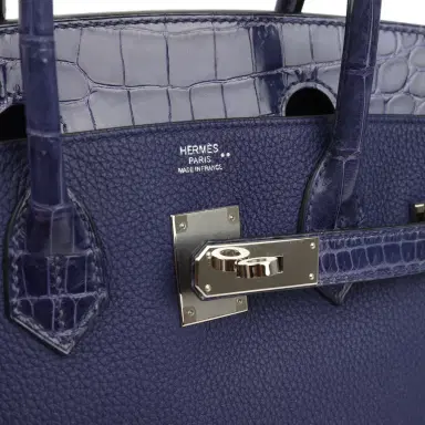 HERMÈS Pre-owned Hermes Birkin 30 Bleu Encre Touch Togo and Shiny Niloticus Crocodile Palladium Hardware | Thumbnail 7 HERMÈS Pre-owned Hermes Birkin 30 Bleu Encre Touch Togo and Shiny Niloticus Crocodile Palladium Hardware | Thumbnail 7