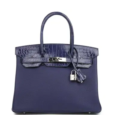 HERMÈS Pre-owned Hermes Birkin 30 Bleu Encre Touch Togo and Shiny Niloticus Crocodile Palladium Hardware | Thumbnail 1 HERMÈS Pre-owned Hermes Birkin 30 Bleu Encre Touch Togo and Shiny Niloticus Crocodile Palladium Hardware | Thumbnail 1