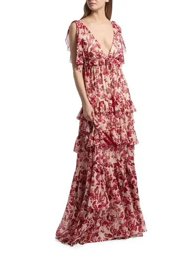 Cinq à Sept Women's Omelia Floral Tiered Gown - Cherry Rose Multi | Thumbnail 2 Cinq à Sept Women's Omelia Floral Tiered Gown - Cherry Rose Multi | Thumbnail 2