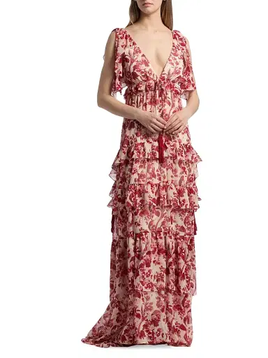 Cinq à Sept Women's Omelia Floral Tiered Gown - Cherry Rose Multi | Thumbnail 3 Cinq à Sept Women's Omelia Floral Tiered Gown - Cherry Rose Multi | Thumbnail 3