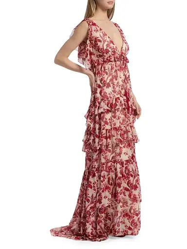 Cinq à Sept Women's Omelia Floral Tiered Gown - Cherry Rose Multi | Thumbnail 4 Cinq à Sept Women's Omelia Floral Tiered Gown - Cherry Rose Multi | Thumbnail 4