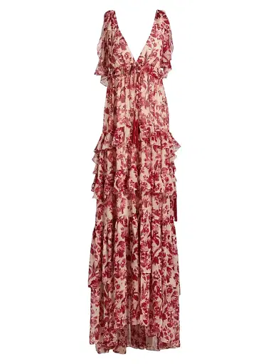 Cinq à Sept Women's Omelia Floral Tiered Gown - Cherry Rose Multi | Thumbnail 1 Cinq à Sept Women's Omelia Floral Tiered Gown - Cherry Rose Multi | Thumbnail 1