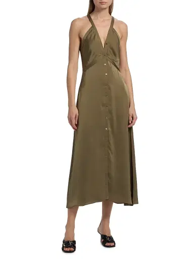 Ramy Brook Women's Cynthia Button-Front Satin Midi-Dress - Olive Green | Thumbnail 3 Ramy Brook Women's Cynthia Button-Front Satin Midi-Dress - Olive Green | Thumbnail 3