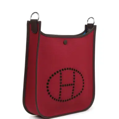 HERMÈS Hermes Neo Evelyne PM Rubis Officier Canvas and Rouge Sellier Swift Palladium Hardware | Thumbnail 2 HERMÈS Hermes Neo Evelyne PM Rubis Officier Canvas and Rouge Sellier Swift Palladium Hardware | Thumbnail 2