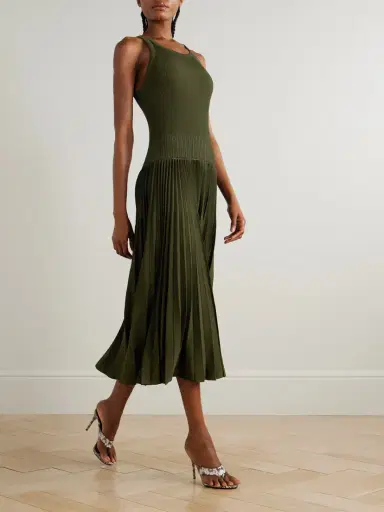 Alaïa Pleated Pointelle-trimmed Ribbed-knit Midi Dress | Thumbnail 2 Alaïa Pleated Pointelle-trimmed Ribbed-knit Midi Dress | Thumbnail 2