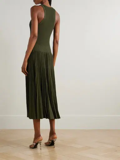 Alaïa Pleated Pointelle-trimmed Ribbed-knit Midi Dress | Thumbnail 3 Alaïa Pleated Pointelle-trimmed Ribbed-knit Midi Dress | Thumbnail 3