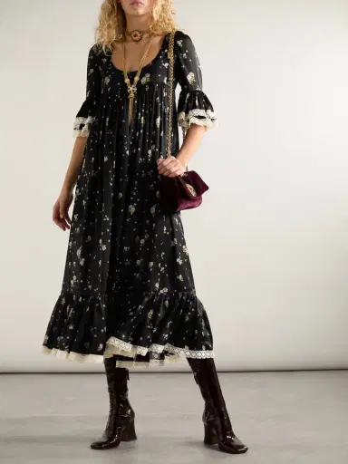 Chloé Lace-trimmed Gathered Floral-print Silk-charmeuse Midi Dress | Thumbnail 2 Chloé Lace-trimmed Gathered Floral-print Silk-charmeuse Midi Dress | Thumbnail 2