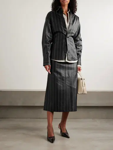 Victoria Beckham Paneled Embroidered Pinstriped Leather Midi Skirt | Thumbnail 2 Victoria Beckham Paneled Embroidered Pinstriped Leather Midi Skirt | Thumbnail 2
