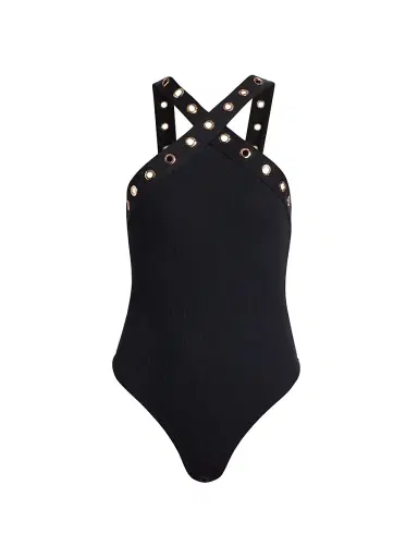 Generation Love Women's Sabeen Grommet Halterneck Bodysuit - Black | Thumbnail 1 Generation Love Women's Sabeen Grommet Halterneck Bodysuit - Black | Thumbnail 1