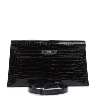 HERMÈS Hermes Kelly Elan Black Shiny Porosus Crocodile Palladium Hardware | Thumbnail 1 HERMÈS Hermes Kelly Elan Black Shiny Porosus Crocodile Palladium Hardware | Thumbnail 1