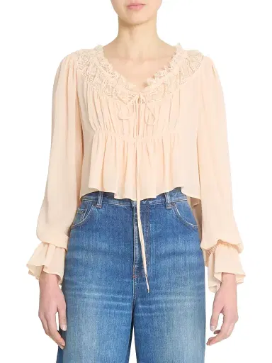 Chloé Women's Cropped Silk Lace-Trim Blouse - Apricot Pink | Thumbnail 3 Chloé Women's Cropped Silk Lace-Trim Blouse - Apricot Pink | Thumbnail 3