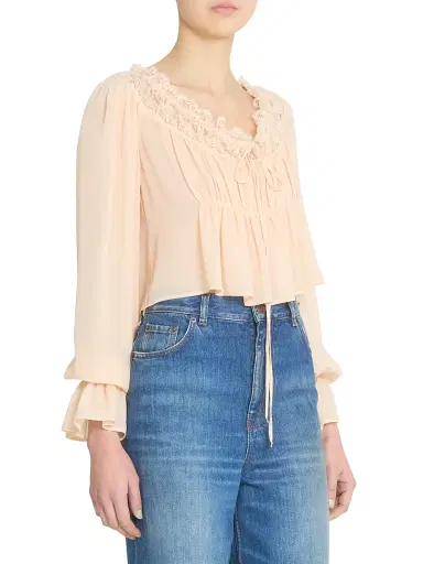 Chloé Women's Cropped Silk Lace-Trim Blouse - Apricot Pink | Thumbnail 4 Chloé Women's Cropped Silk Lace-Trim Blouse - Apricot Pink | Thumbnail 4