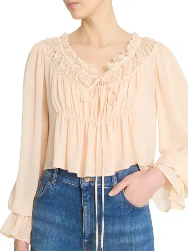 Chloé Women's Cropped Silk Lace-Trim Blouse - Apricot Pink | Thumbnail 6 Chloé Women's Cropped Silk Lace-Trim Blouse - Apricot Pink | Thumbnail 6