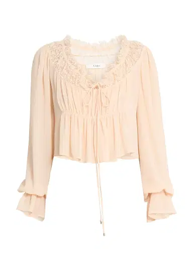 Chloé Women's Cropped Silk Lace-Trim Blouse - Apricot Pink | Thumbnail 1 Chloé Women's Cropped Silk Lace-Trim Blouse - Apricot Pink | Thumbnail 1