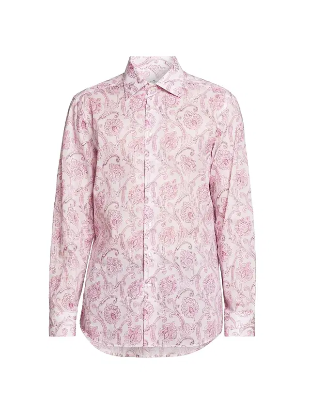 Men's Paisley Cotton Button-Front Shirt - Print On Pink Base Men's Paisley Cotton Button-Front Shirt - Print On Pink Base