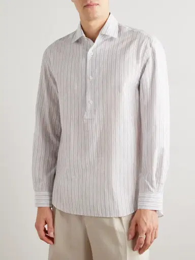 Loro Piana Raffaele Striped Cotton and Linen-Blend Half-Placket Shirt - Men | Thumbnail 3 Loro Piana Raffaele Striped Cotton and Linen-Blend Half-Placket Shirt - Men | Thumbnail 3