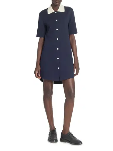 Thom Browne Women's Contrast-Trim Cotton Short-Sleeve Mini-Shirtdress - Navy | Thumbnail 2 Thom Browne Women's Contrast-Trim Cotton Short-Sleeve Mini-Shirtdress - Navy | Thumbnail 2