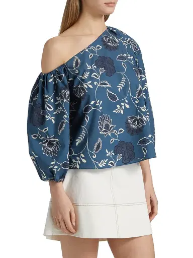 Tanya Taylor Women's Tabitha Floral Cotton Off-The-Shoulder Top - French Blue Cream | Thumbnail 4 Tanya Taylor Women's Tabitha Floral Cotton Off-The-Shoulder Top - French Blue Cream | Thumbnail 4