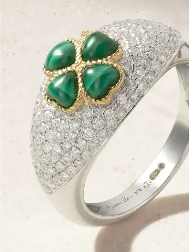 Yvonne Léon Mini Bague Dôme Trèfle 9-karat White And Yellow Gold, Malachite And Diamond Ring | Thumbnail 4 Yvonne Léon Mini Bague Dôme Trèfle 9-karat White And Yellow Gold, Malachite And Diamond Ring | Thumbnail 4