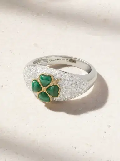 Yvonne Léon Mini Bague Dôme Trèfle 9-karat White And Yellow Gold, Malachite And Diamond Ring | Thumbnail 1 Yvonne Léon Mini Bague Dôme Trèfle 9-karat White And Yellow Gold, Malachite And Diamond Ring | Thumbnail 1