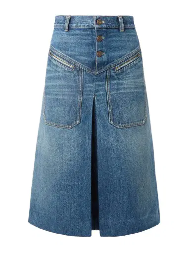 Chloé Pleated Paneled Denim Midi Skirt | Thumbnail 1 Chloé Pleated Paneled Denim Midi Skirt | Thumbnail 1