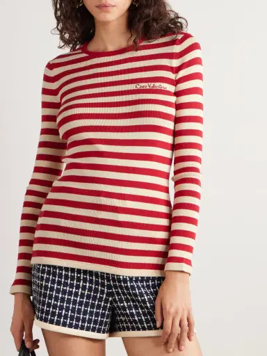 Valentino Garavani Embroidered Striped Ribbed-knit Cotton Sweater | Thumbnail 3 Valentino Garavani Embroidered Striped Ribbed-knit Cotton Sweater | Thumbnail 3