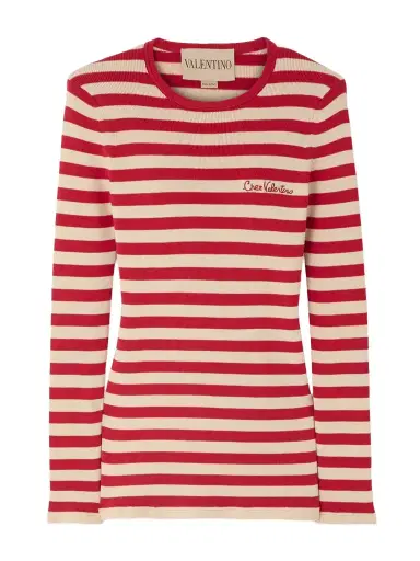 Valentino Garavani Embroidered Striped Ribbed-knit Cotton Sweater | Thumbnail 1 Valentino Garavani Embroidered Striped Ribbed-knit Cotton Sweater | Thumbnail 1