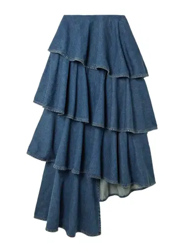 Alaïa Asymmetric Ruffled Tiered Denim Skirt | Thumbnail 1 Alaïa Asymmetric Ruffled Tiered Denim Skirt | Thumbnail 1