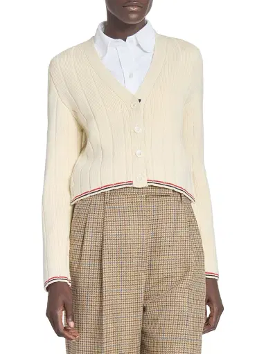Thom Browne Women's Ladder-Stitch V-Neck Wool Cardigan - White | Thumbnail 3 Thom Browne Women's Ladder-Stitch V-Neck Wool Cardigan - White | Thumbnail 3