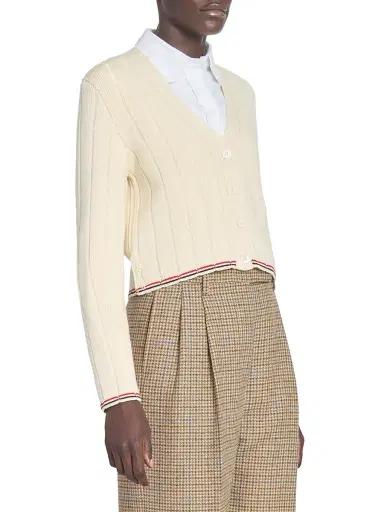 Thom Browne Women's Ladder-Stitch V-Neck Wool Cardigan - White | Thumbnail 4 Thom Browne Women's Ladder-Stitch V-Neck Wool Cardigan - White | Thumbnail 4