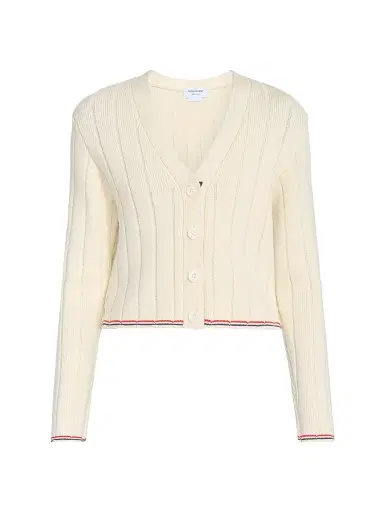 Thom Browne Women's Ladder-Stitch V-Neck Wool Cardigan - White | Thumbnail 1 Thom Browne Women's Ladder-Stitch V-Neck Wool Cardigan - White | Thumbnail 1