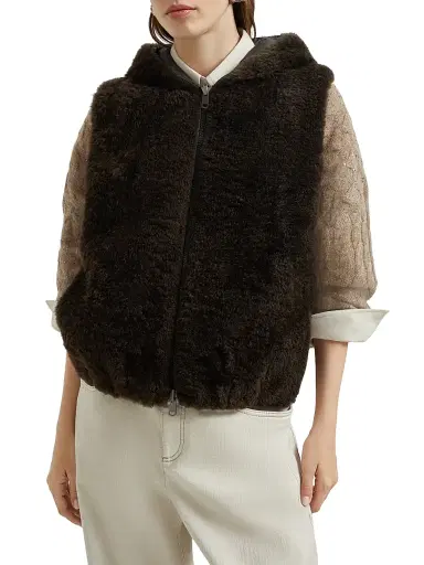 Brunello Cucinelli Women's Cashmere Shearling Reversible Hooded Vest with Precious Trim - Rust Brown | Thumbnail 2 Brunello Cucinelli Women's Cashmere Shearling Reversible Hooded Vest with Precious Trim - Rust Brown | Thumbnail 2