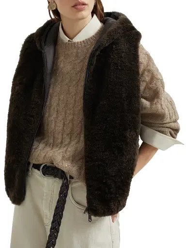 Brunello Cucinelli Women's Cashmere Shearling Reversible Hooded Vest with Precious Trim - Rust Brown | Thumbnail 5 Brunello Cucinelli Women's Cashmere Shearling Reversible Hooded Vest with Precious Trim - Rust Brown | Thumbnail 5