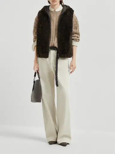 Brunello Cucinelli Women's Cashmere Shearling Reversible Hooded Vest with Precious Trim - Rust Brown | Thumbnail 6 Brunello Cucinelli Women's Cashmere Shearling Reversible Hooded Vest with Precious Trim - Rust Brown | Thumbnail 6