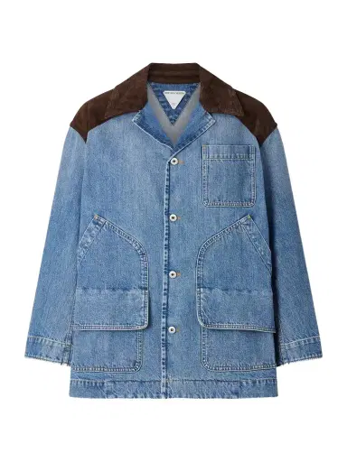 Bottega Veneta Intrecciato Leather-trimmed Denim Jacket | Thumbnail 1 Bottega Veneta Intrecciato Leather-trimmed Denim Jacket | Thumbnail 1