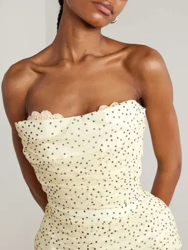Magda Butrym Strapless Crochet-trimmed Ruched Polka-dot Silk-blend Chiffon Mini Dress | Thumbnail 5 Magda Butrym Strapless Crochet-trimmed Ruched Polka-dot Silk-blend Chiffon Mini Dress | Thumbnail 5