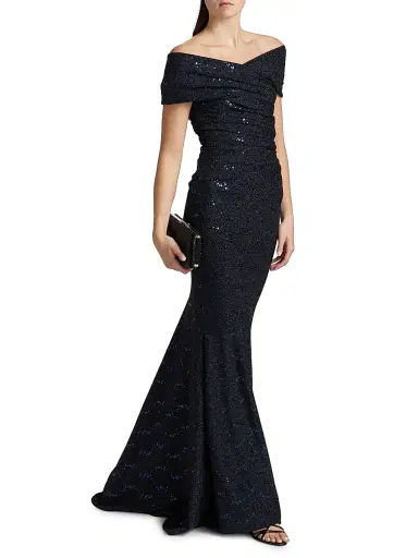 Talbot Runhof Women's Off-The-Shoulder Jersey Gown - Royal Navy | Thumbnail 2 Talbot Runhof Women's Off-The-Shoulder Jersey Gown - Royal Navy | Thumbnail 2